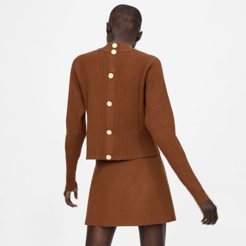 Zara Brown Ribbed Sweater with Gold Buttons